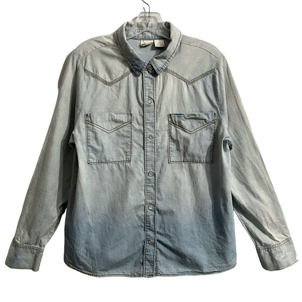 Mudd Pearl Snap Denim Shirt XL Light Blue Wash Y2K 90s Vintage Chambray …
